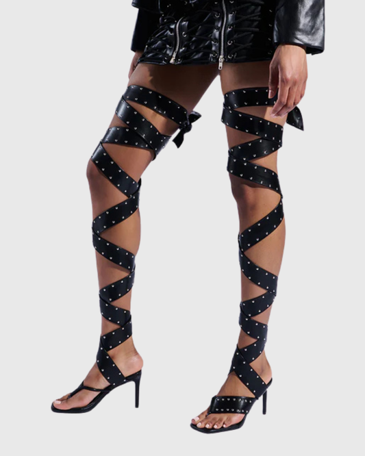 Geltrude Studded Lace Up Bondage Leather Thong Sandals