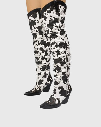 Giada Cow Print Ruched Knee High Boots