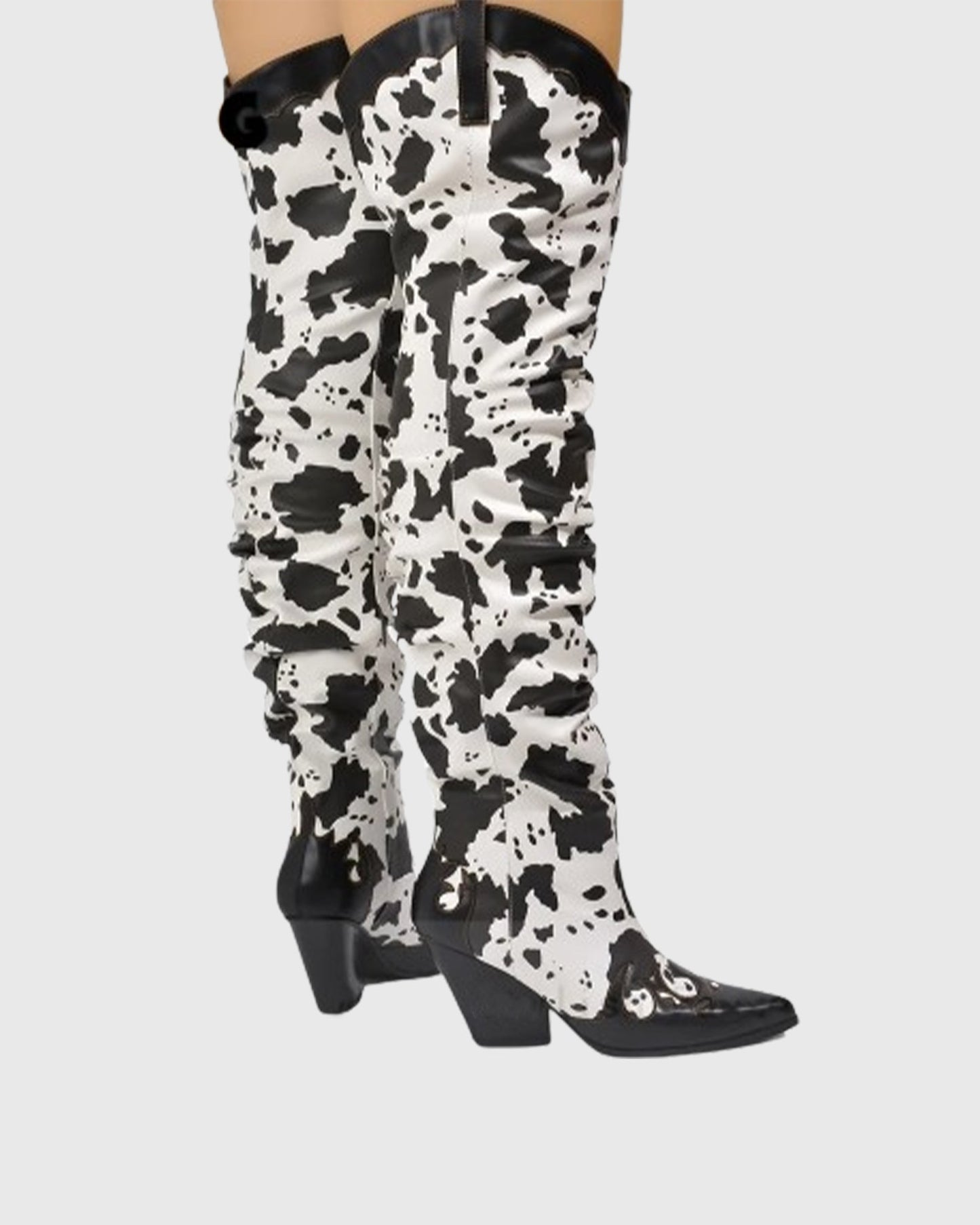 Giada Cow Print Ruched Knee High Boots