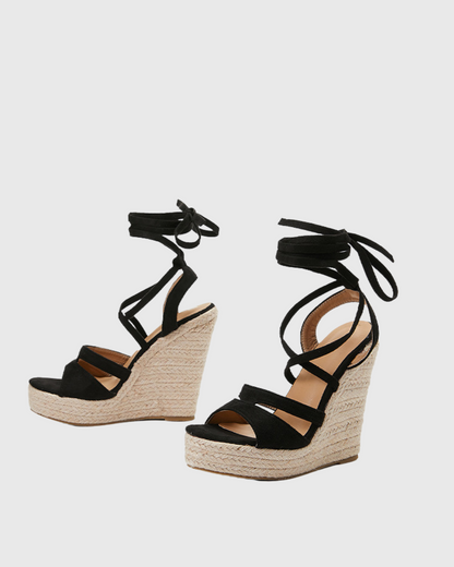 Gioia Lace Up Woven Wedge Espadrillas In Black
