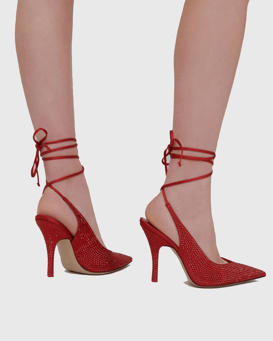 Giusi Rhinestone Lace Up Pumps In Red