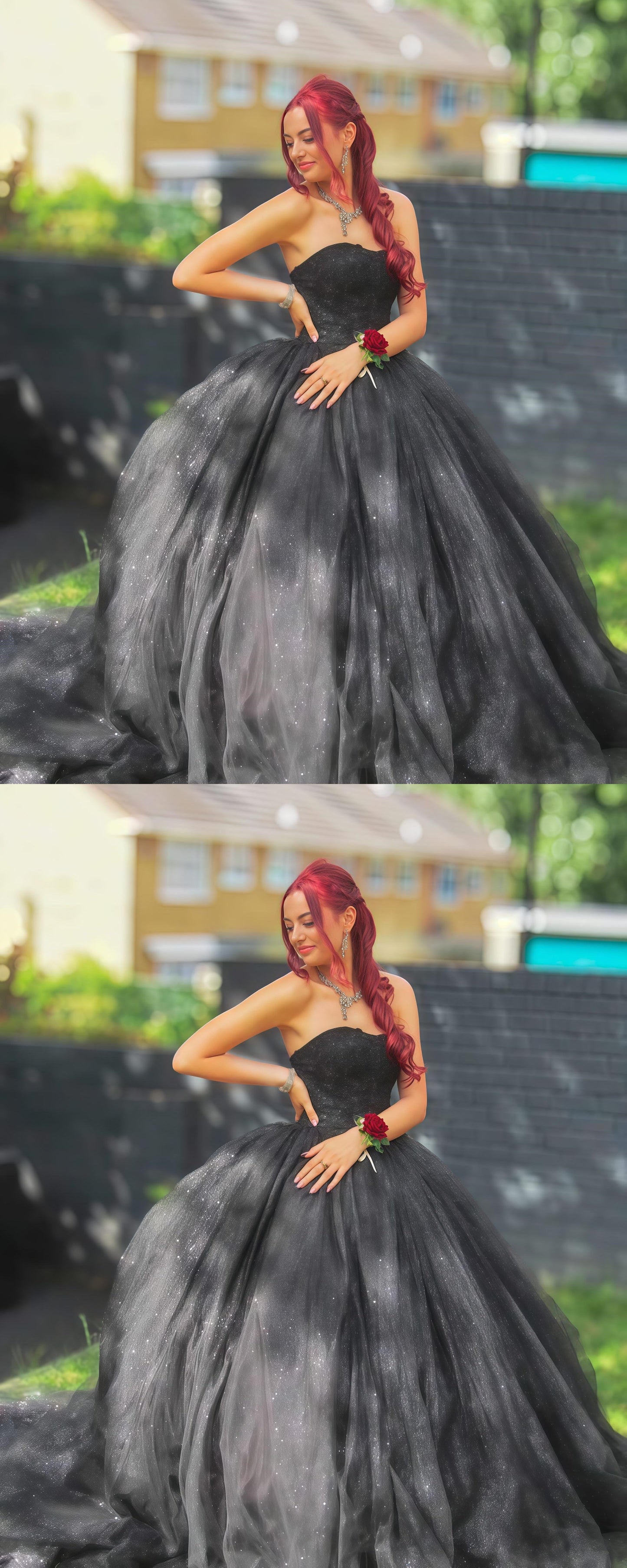 Glitter Black Strapless Ball Gown Tulle Birthday Dress