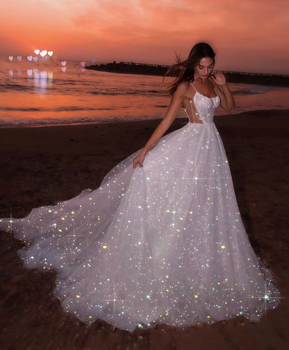 Glitter White Sequin Tulle Party Dresses, A-line Sleeveless Beach Wedding Gown