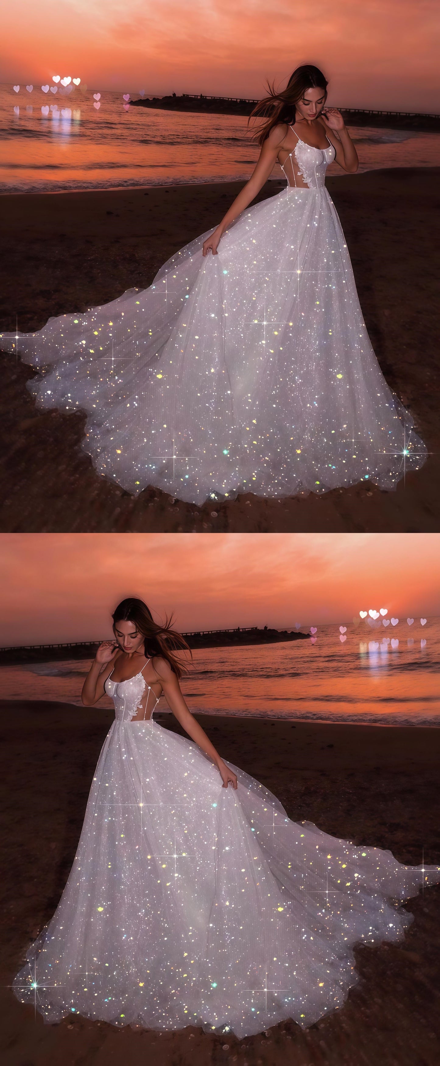 Glitter White Sequin Tulle Party Dresses, A-line Sleeveless Beach Wedding Gown