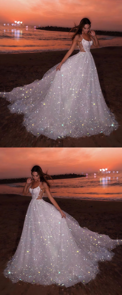 Glitter White Sequin Tulle Party Dresses, A-line Sleeveless Beach Wedding Gown