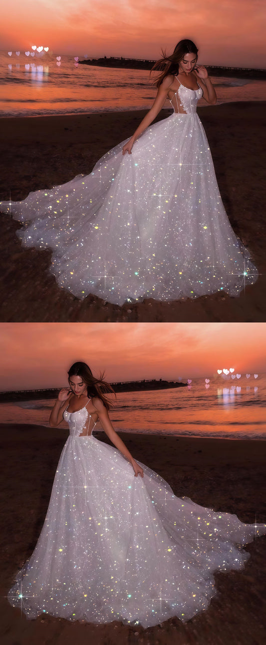 Glitter White Sequin Tulle Party Dresses, A-line Sleeveless Beach Wedding Gown