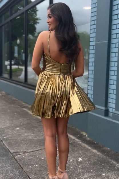 Gold Metallic A-Line Mini Dress with Halter Neck Cut Homecoming Dress