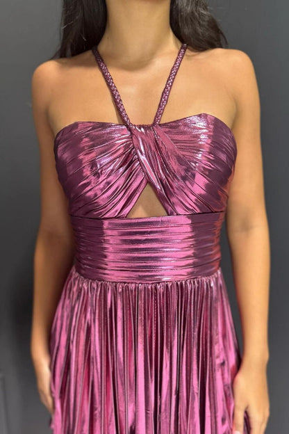 Gold Metallic A-Line Mini Dress with Halter Neck Cut Homecoming Dress