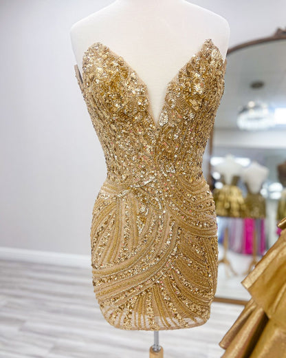 Gold Homecoming Dresses Sequined Satin Mini Party Gown, AST1372