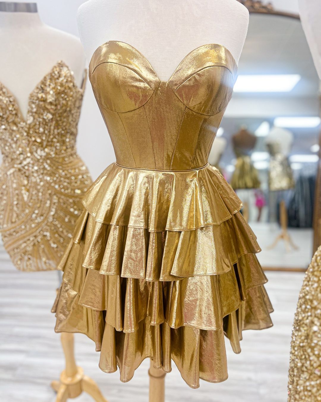 Gold Homecoming Dresses Sequined Satin Mini Party Gown, AST1372