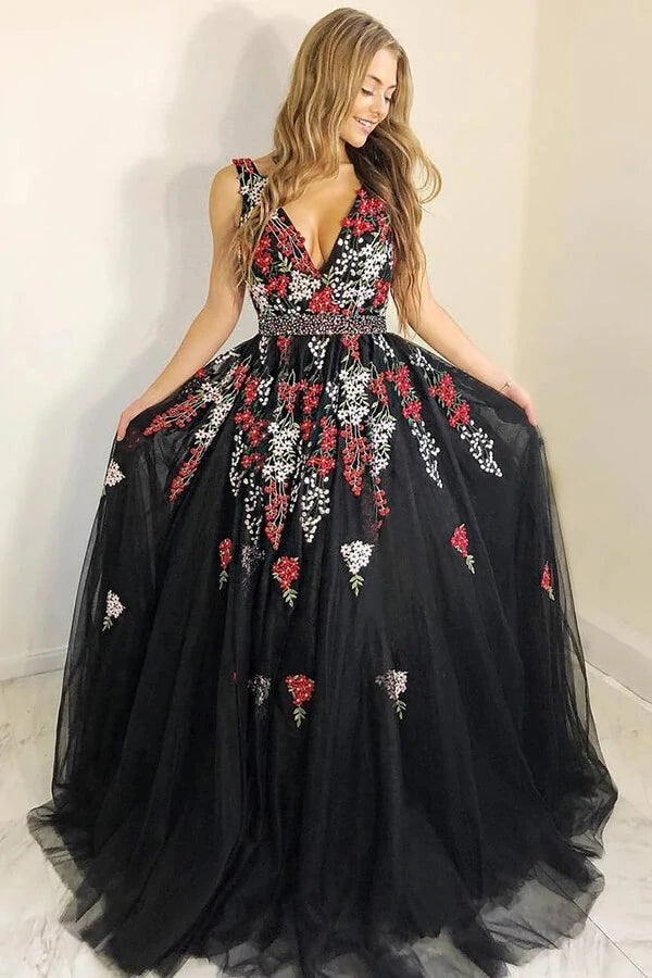 Gorgeous Beaded A Line Long Prom Dress With Floral Embroidery,WP319