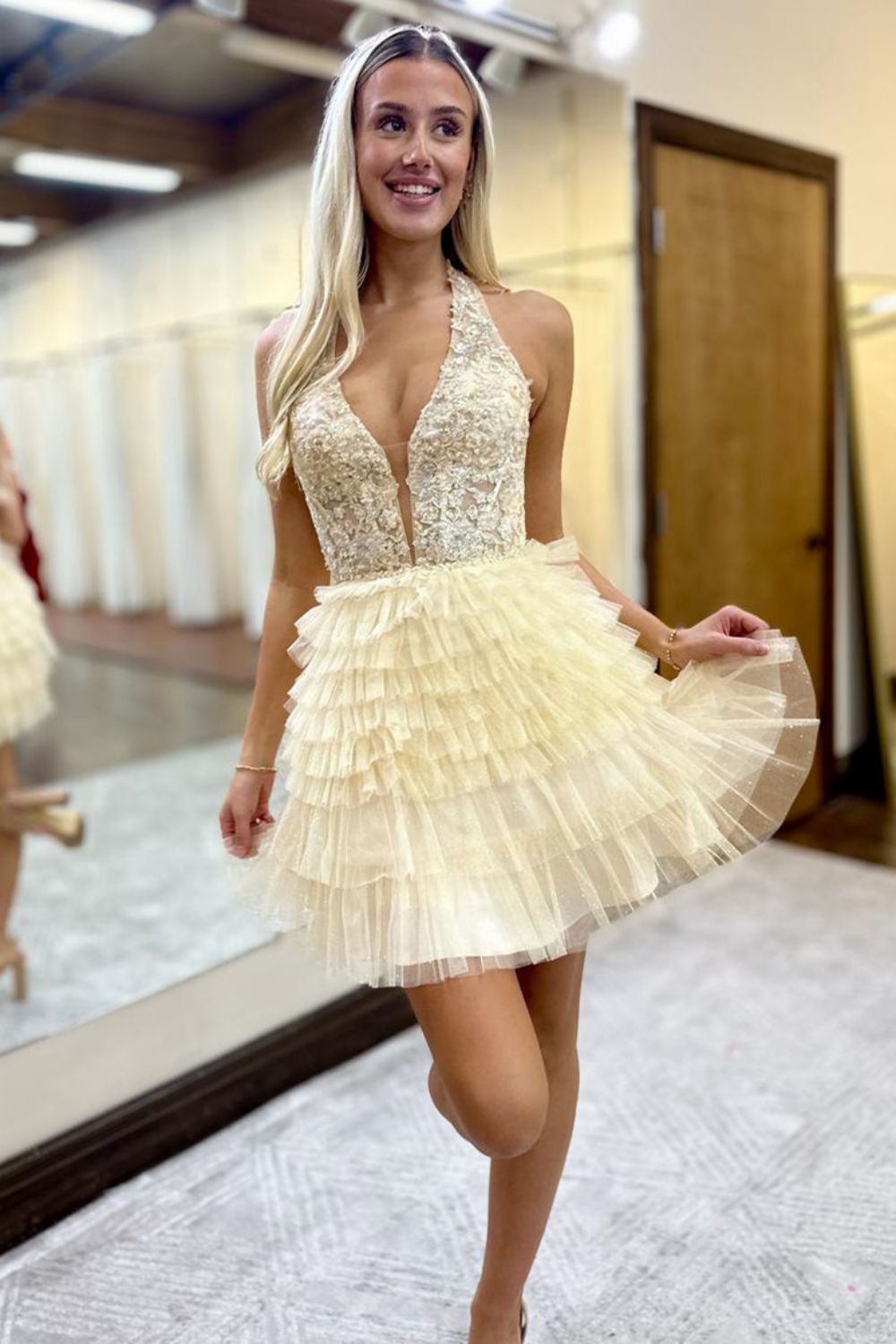 Gorgeous Light Blue A-Line Halter Neck Tulle Dress with Appliques Homecoming Dress