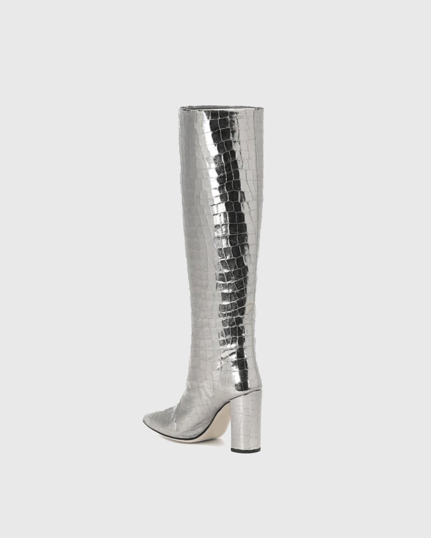 Grazia Crocodile Print Leather Knee High Boots In Silver