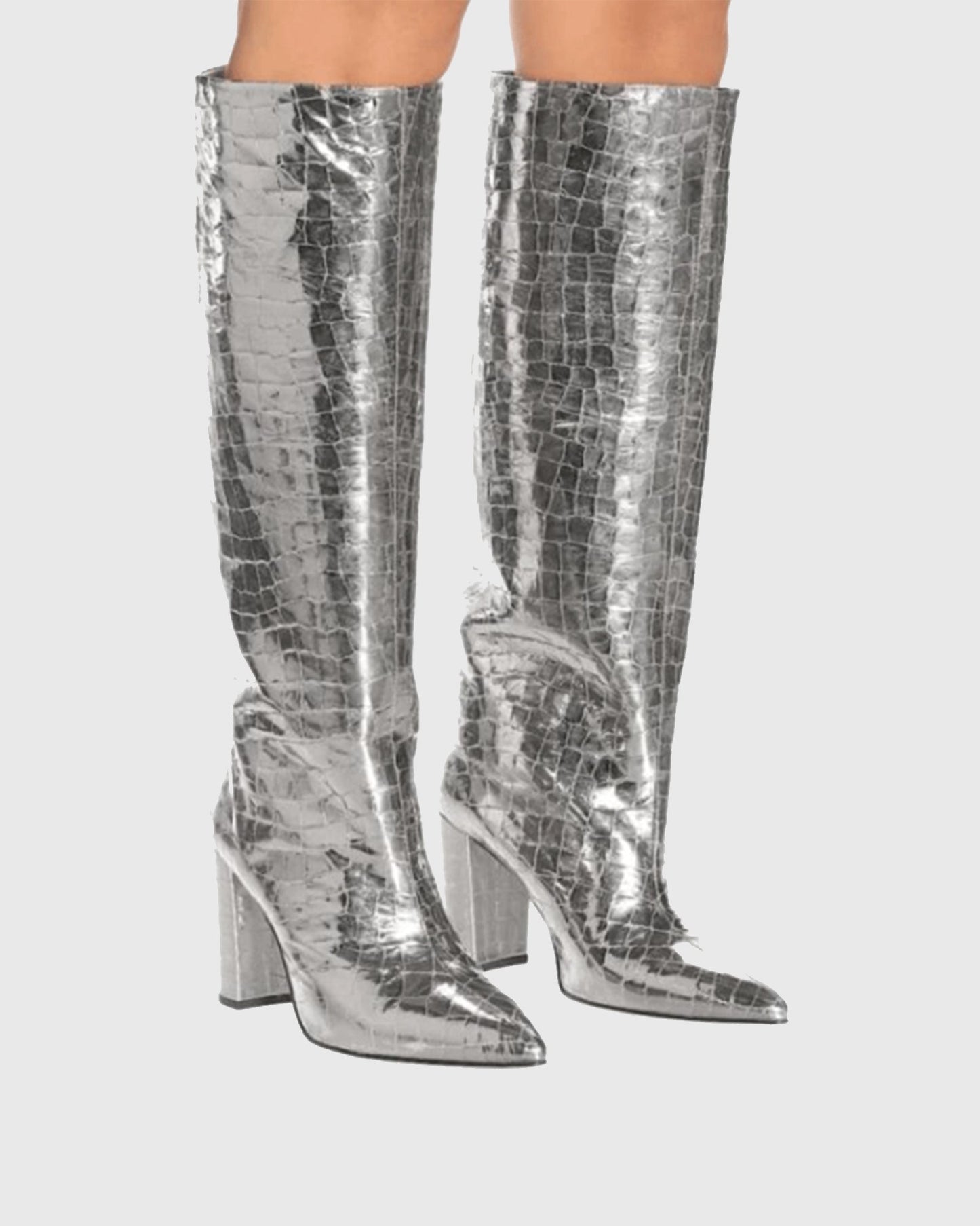 Grazia Crocodile Print Leather Knee High Boots In Silver