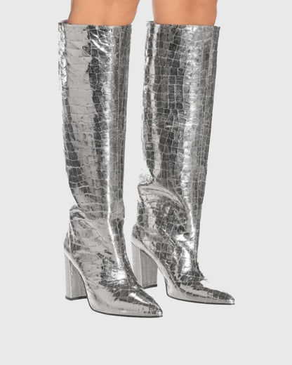 Grazia Crocodile Print Leather Knee High Boots In Silver
