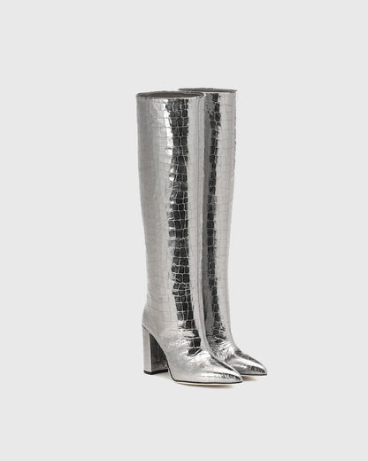 Grazia Crocodile Print Leather Knee High Boots In Silver