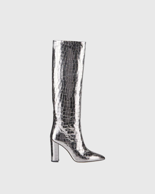 Grazia Crocodile Print Leather Knee High Boots In Silver