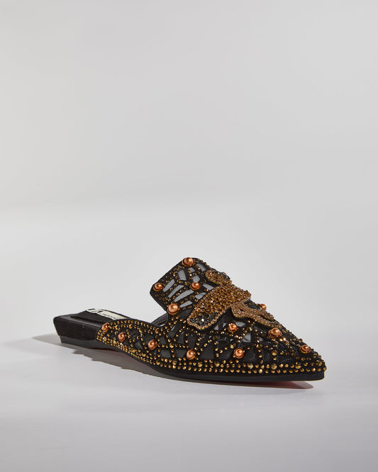 Greta Crane Gilded Embellished Slippers In Black