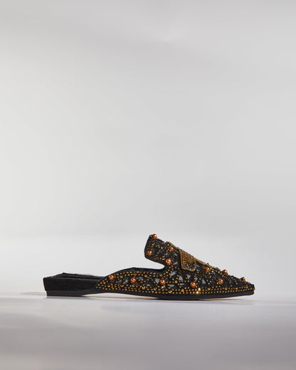 Greta Crane Gilded Embellished Slippers In Black