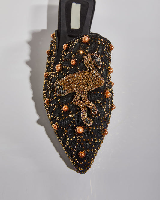 Greta Crane Gilded Embellished Slippers In Black