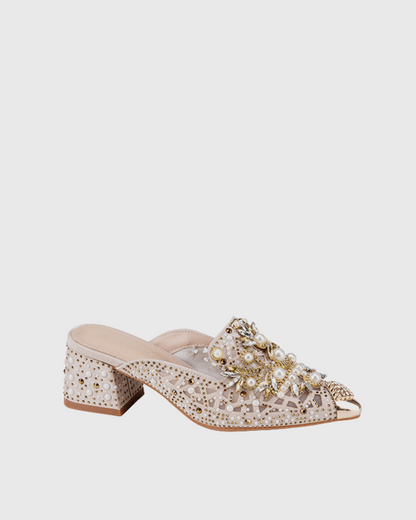 Greta Pearl Embellished Mules In Beige