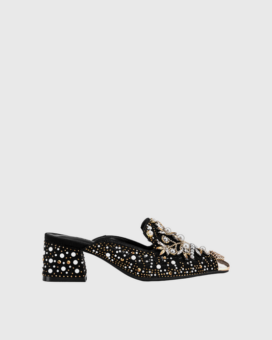 Greta Pearl Embellished Mules In Black
