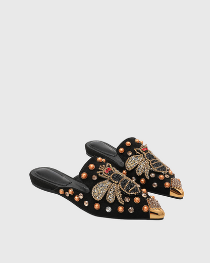 Greta Rhinestone Bee Slippers In Black