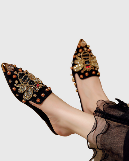 Greta Rhinestone Bee Slippers In Black