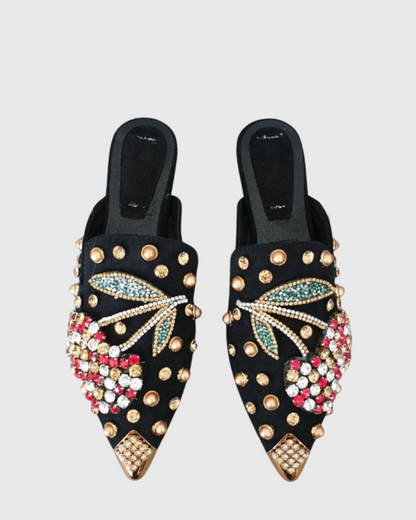 Greta Rhinestone Cherry Slippers In Black