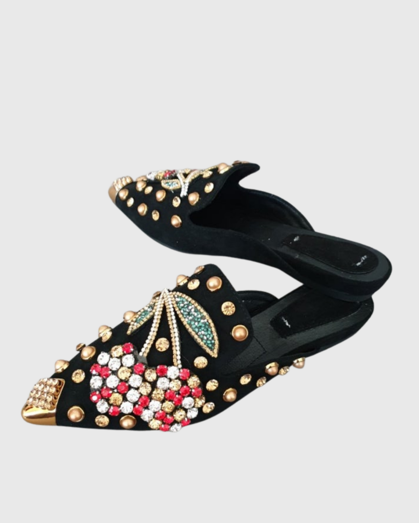 Greta Rhinestone Cherry Slippers In Black