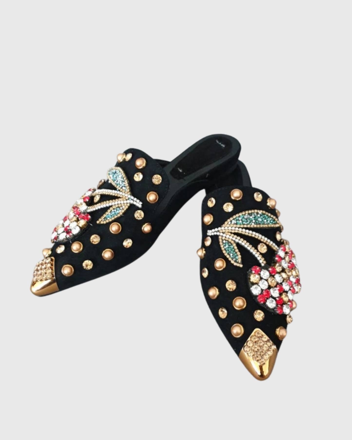 Greta Rhinestone Cherry Slippers In Black