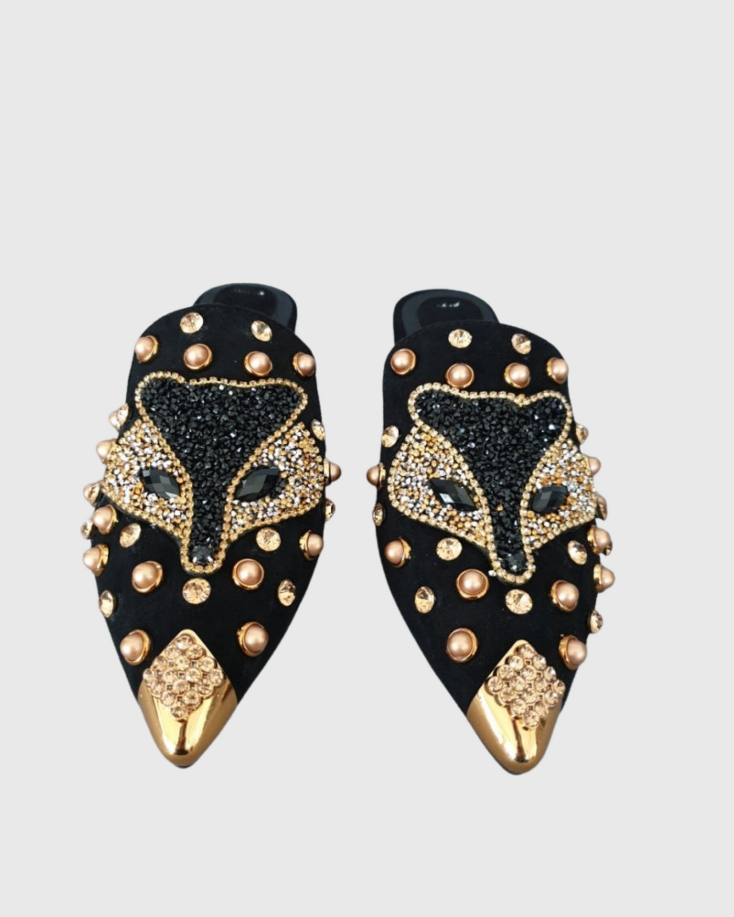 Greta Rhinestone Fox Slippers In Black