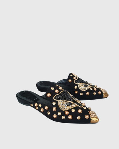 Greta Rhinestone Fox Slippers In Black