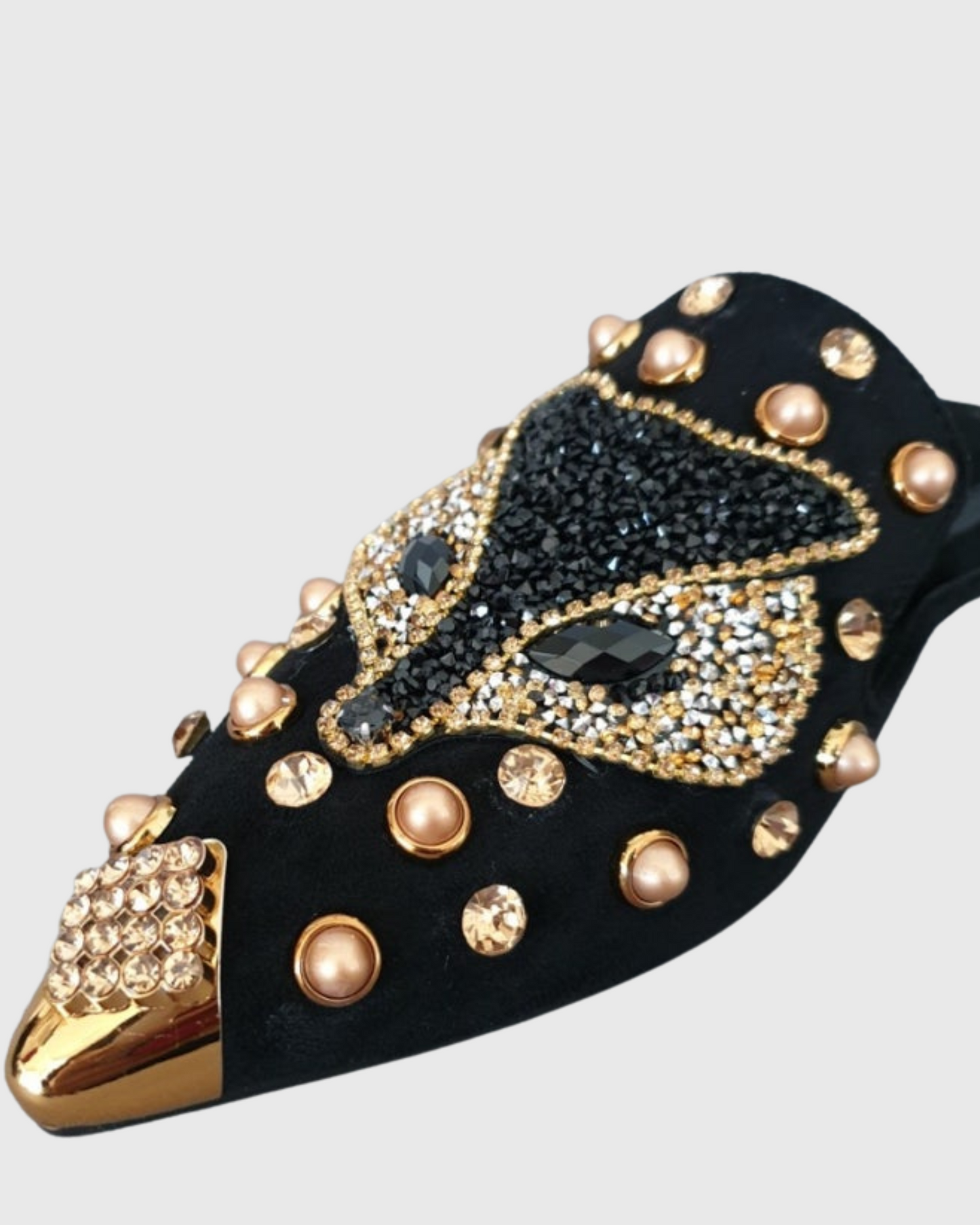 Greta Rhinestone Fox Slippers In Black