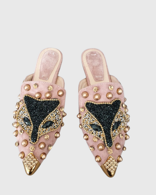 Greta Rhinestone Fox Slippers In Pink