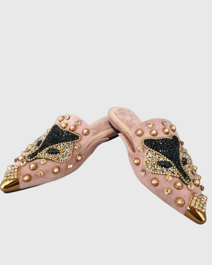 Greta Rhinestone Fox Slippers In Pink