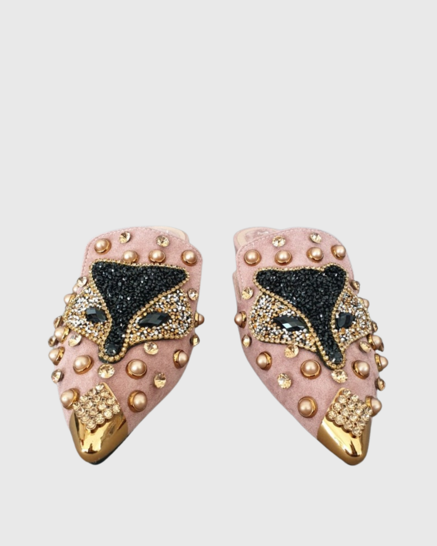 Greta Rhinestone Fox Slippers In Pink