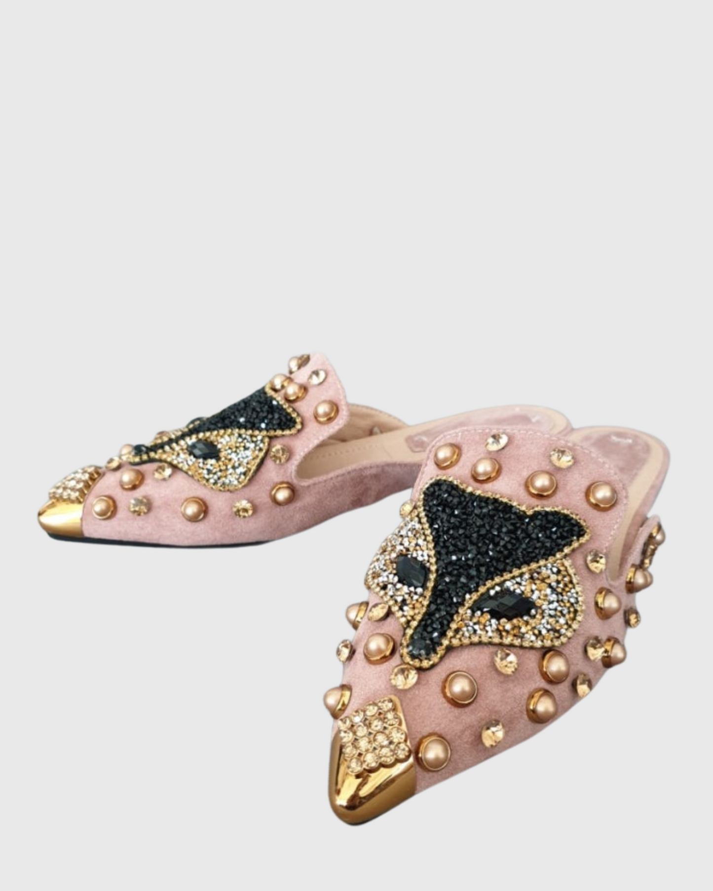 Greta Rhinestone Fox Slippers In Pink