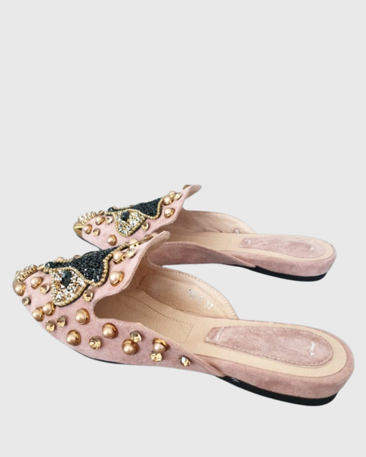 Greta Rhinestone Fox Slippers In Pink