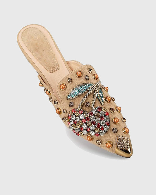 Greta Rhinestone Cherry Slippers In Apricot