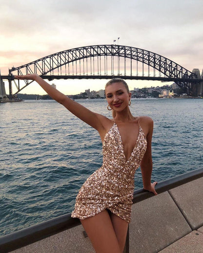 PM507,Sexy Sequined Homecoming Dresses, Champagne Gold Sequin Sparkly Mini Prom Dress, Short Cocktail Dresses