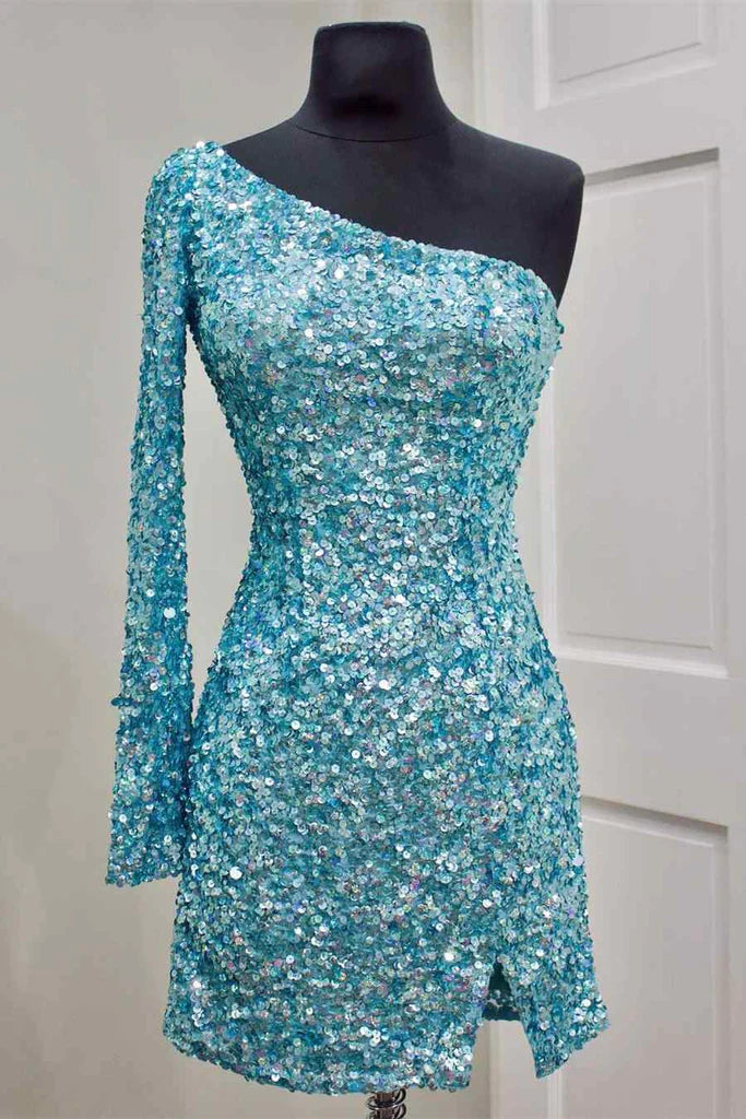 PM310,Chic One Shoulder Homecoming Dresses,Sequin Mini Homecoming Dress