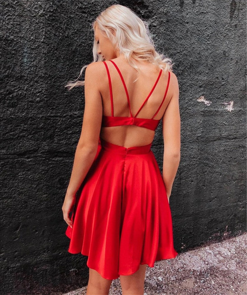 PM274,A-Line Homecoming Dresses,Red Homecoming Dress,V-Neck Graduation Dresses