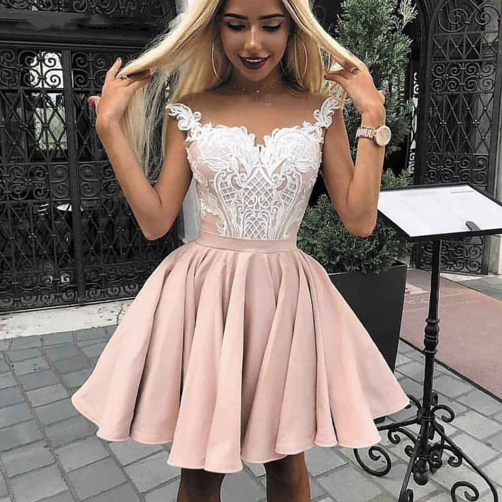 PM293,Pink Lace Homecoming Dresses Satin Mini Prom Dresses