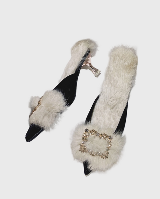 Helen Faux Fur Satin Mules In Black