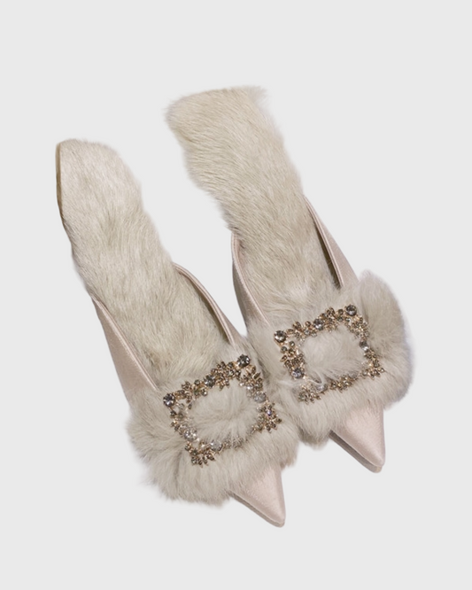 Helen Faux Fur Satin Mules In Natural