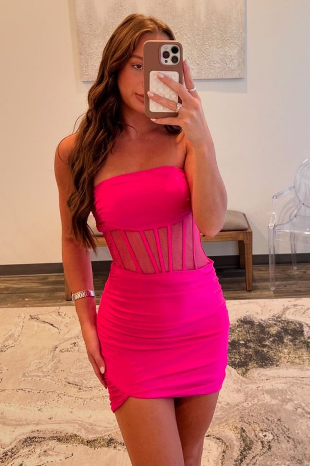 Trendy Hot Pink Strapless Tight Satin Mini Dress with Zipper Back Homecoming Dress