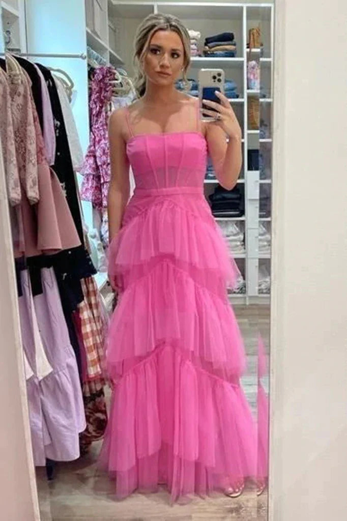 PM027,Princess Hot Pink A Line Tulle Long Prom Dress Layered Ruffles Evening Gown