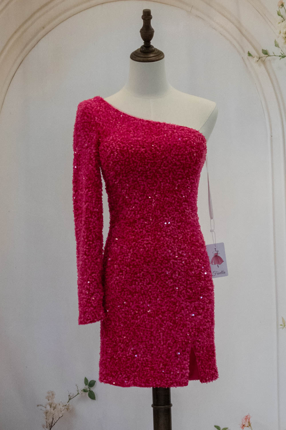 Hot Pink One Shoulder Short Tight Sequin Homecoming Dress