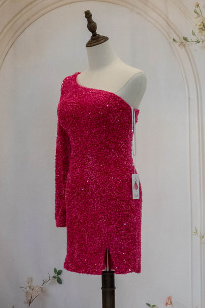 Hot Pink One Shoulder Short Tight Sequin Homecoming Dress